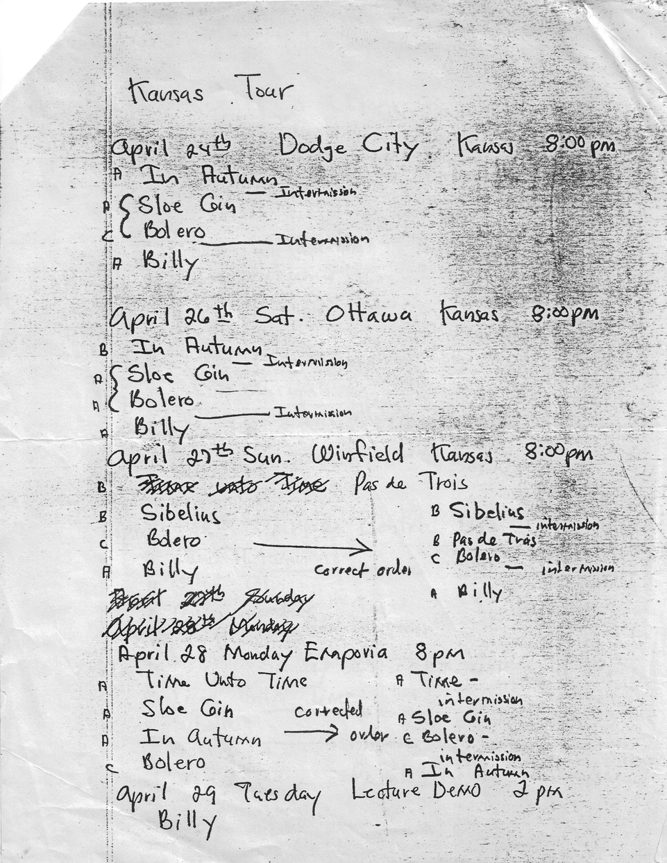 Patricia Johnson's tour notes, OBC Kansas