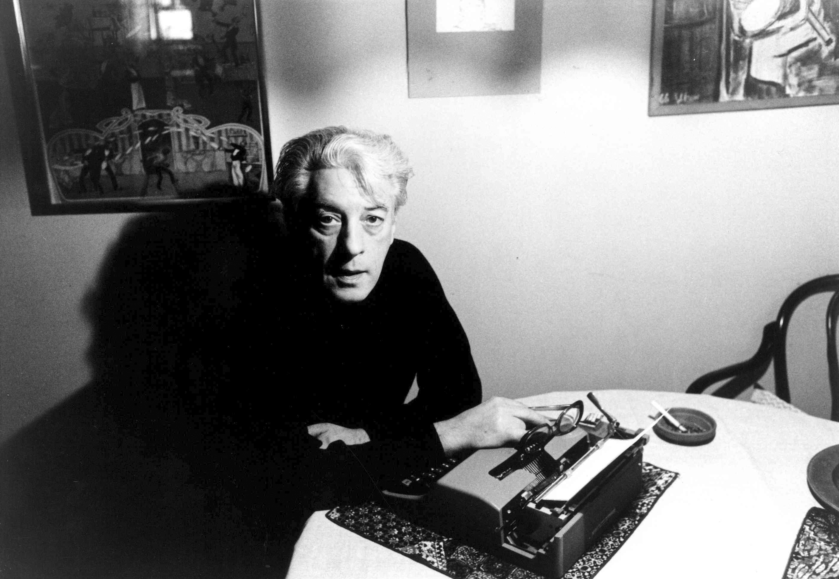 Karel Shook at the typewriter