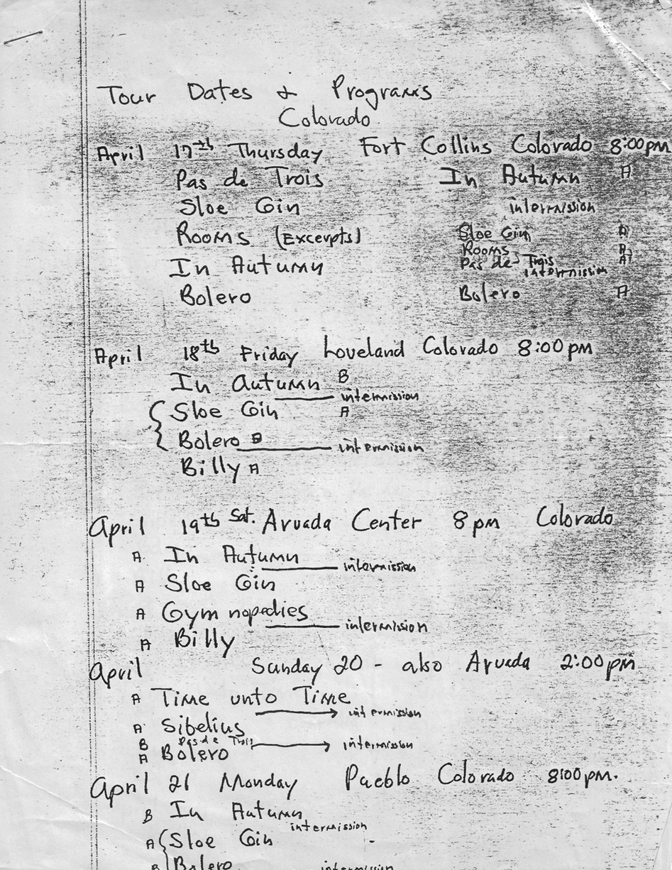 Patricia Johnson's tour notes, Colorado